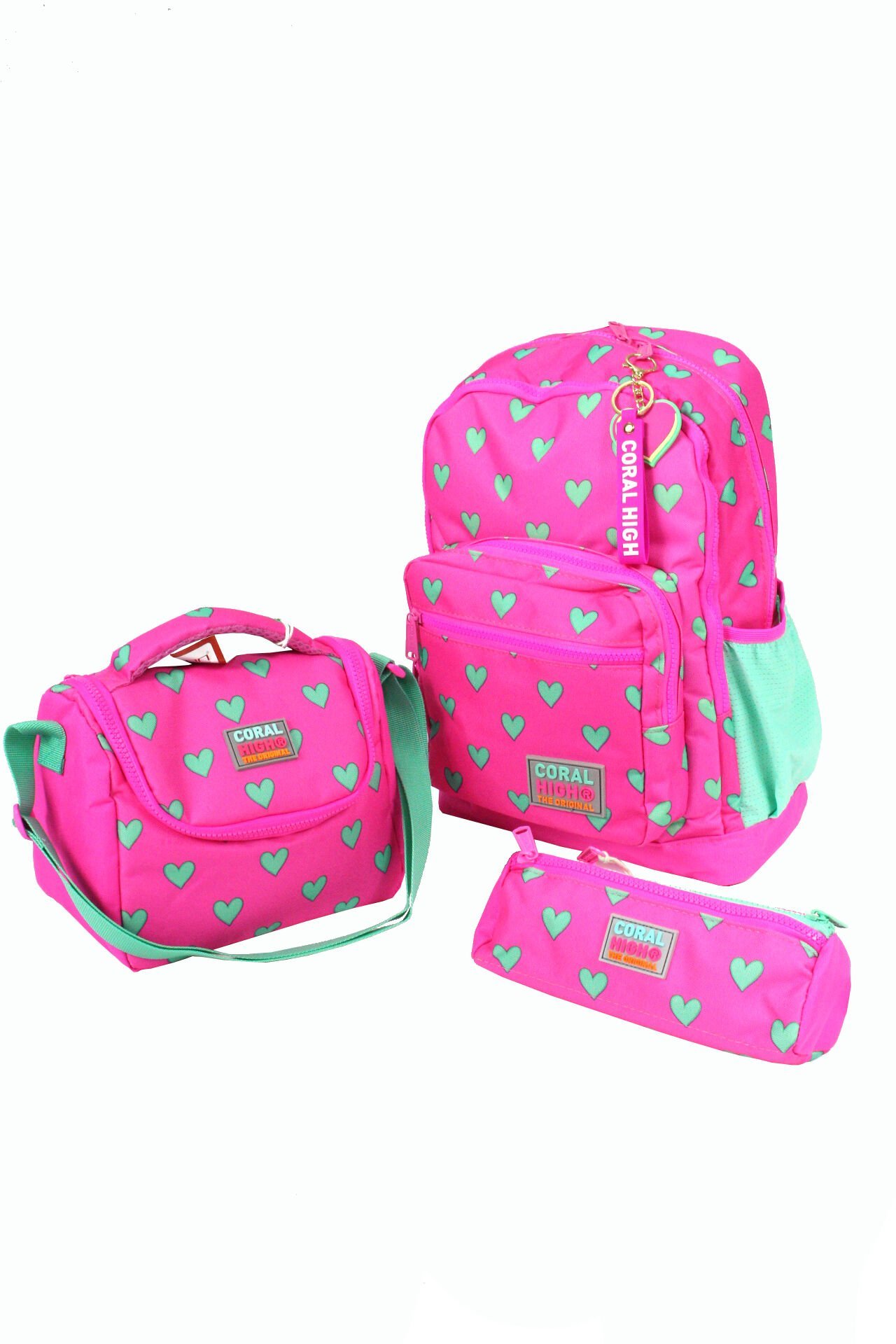CH 23113 Pembe Yeşil Kalpli - 3' Lü Okul Çantası Seti - Sırt Ve Beslenme Çantası + Kalemlik