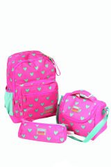 CH 23113 Pembe Yeşil Kalpli - 3' Lü Okul Çantası Seti - Sırt Ve Beslenme Çantası + Kalemlik
