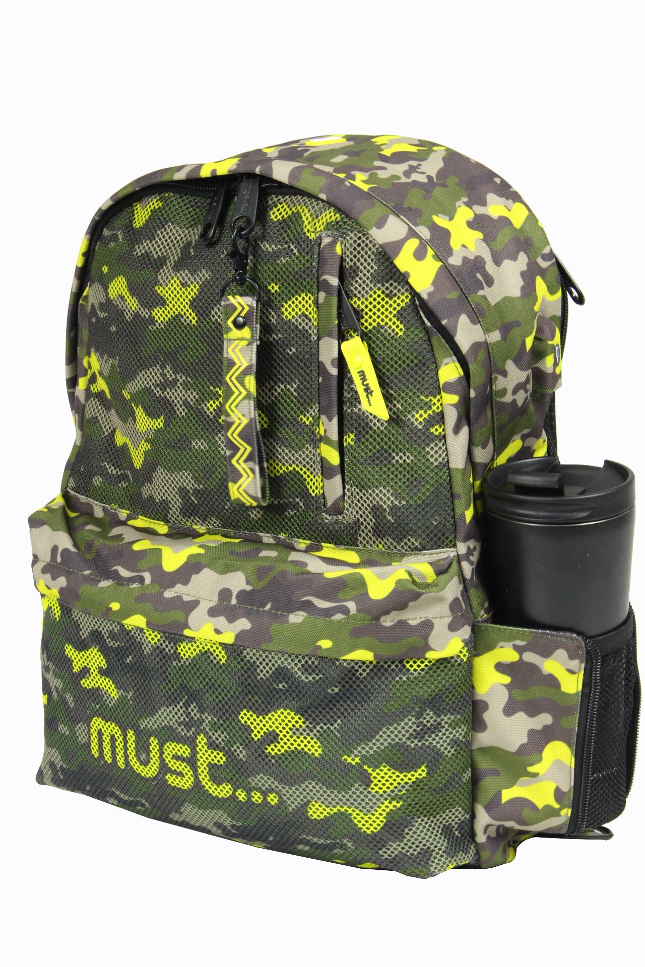 MUST 584614 Kamuflaj Çift Cepli İlkokul Sırt Çantası-Haki / Neon Yeşil