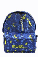 MUST 584613 Kamuflaj Çift Cepli İlkokul Sırt Çantası-Mavi / Neon Yeşil
