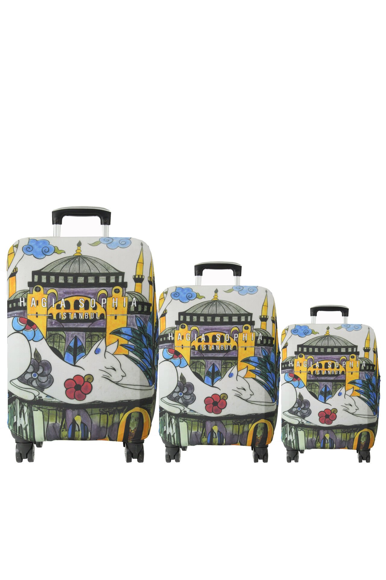 (My#121 Ayasofya / Hagia Sophia KEDİ) VALİZLER İÇİN KILIF SETİ (KABİN ORTA VE BÜYÜK)