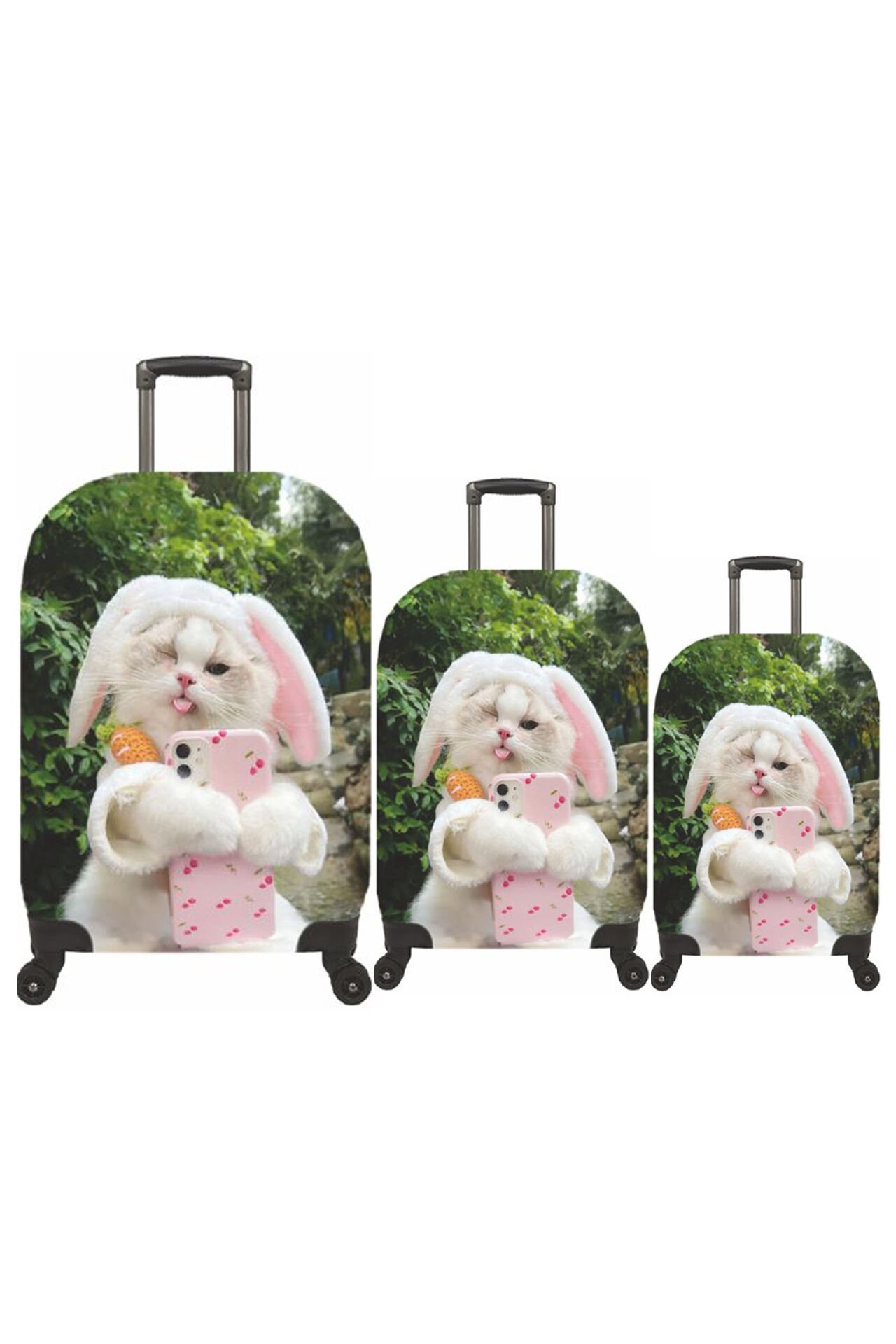 (My#84 Tavşan Kedi) VALİZLER İÇİN KILIF SETİ (KABİN ORTA VE BÜYÜK)
