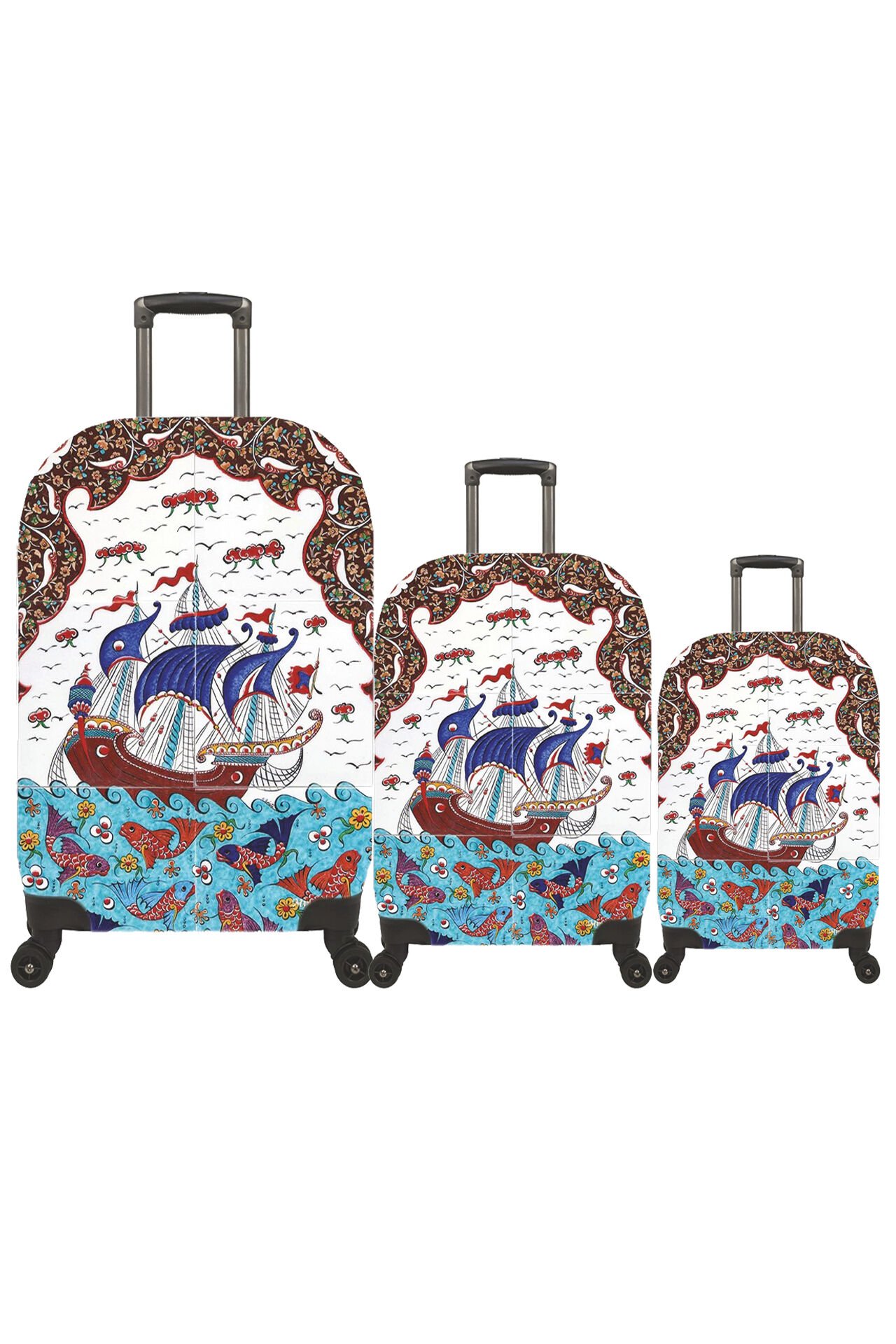 My 57 Çini Gemi VALİZ KILIFI / BAVUL KORUYUCU ÖRTÜSÜ Büyük, Orta, Kabin Boy Set