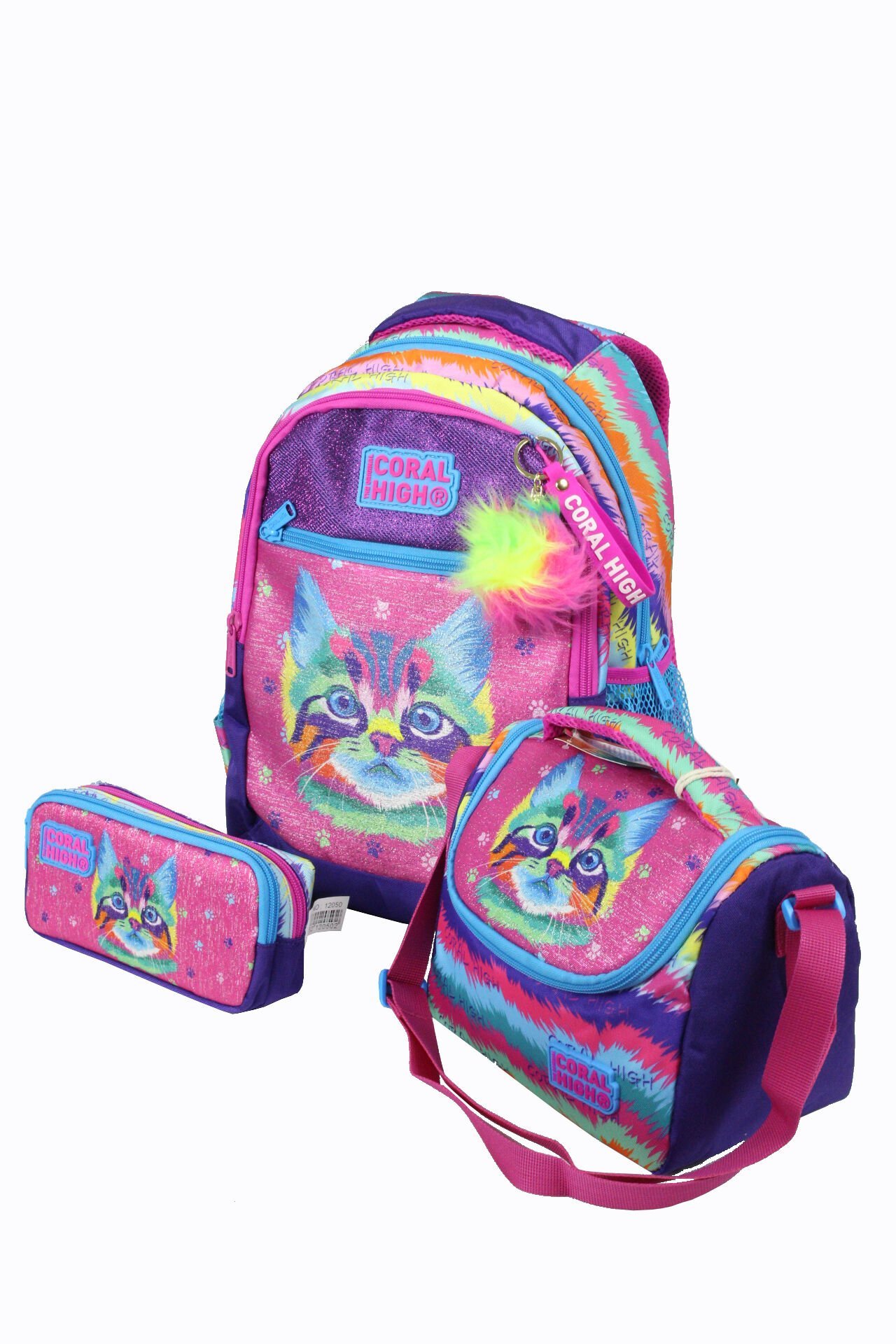 CH 23477 Renkli Kedi - 3' Lü Okul Çantası Seti - Sırt Ve Beslenme Çantası + Kalemlik
