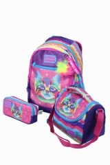 CH 23477 Renkli Kedi - 3' Lü Okul Çantası Seti - Sırt Ve Beslenme Çantası + Kalemlik