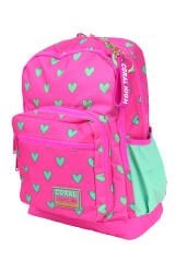 CH 23113 Pembe Yeşil Kalpli - 3' Lü Okul Çantası Seti - Sırt Ve Beslenme Çantası + Kalemlik