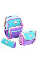 CH 23759 Turkuaz - Renkli Şeritler - 3' Lü Okul Çantası Seti - Sırt Ve Beslenme Çantası + Kalemlik