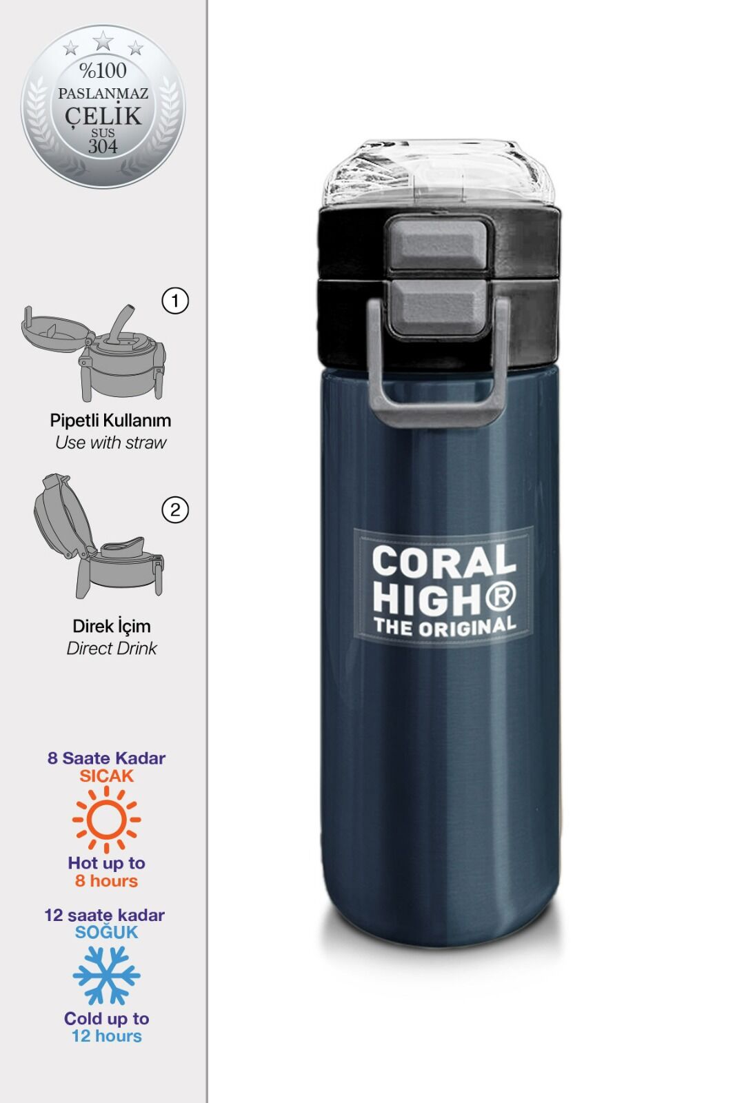 Coral Hıgh Çelik Matara Lacivert-Turuncu Çiz