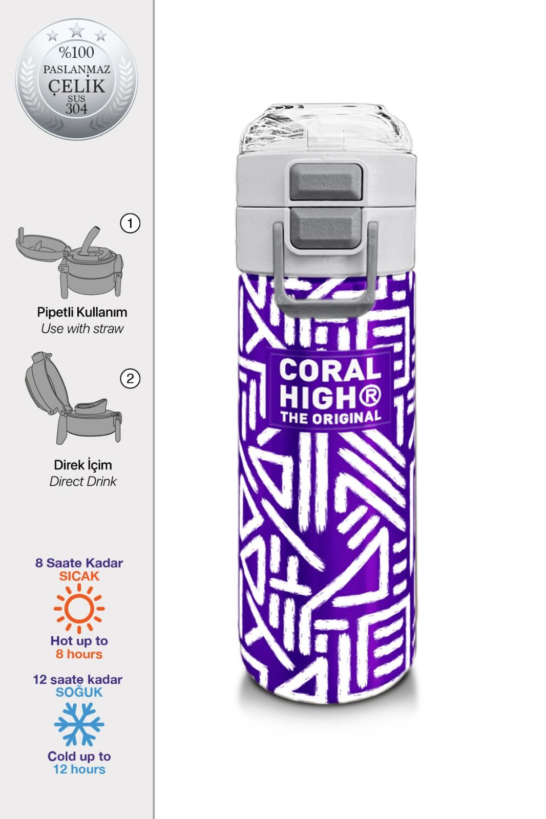 Coral Hıgh Çelik Matara Mor-Beyaz Geometrik