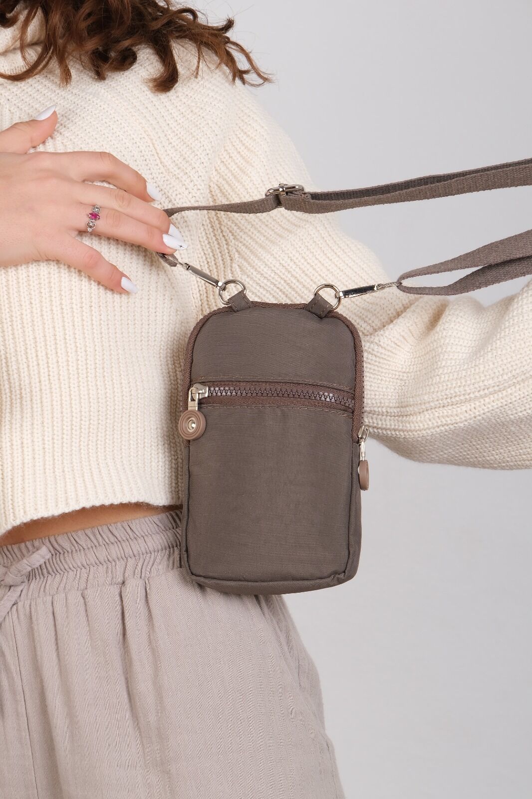 M 226 Mega Bag Krinkıl Kumaş Unisex Küçük Omuz Çantası, Telefonluk Vizon