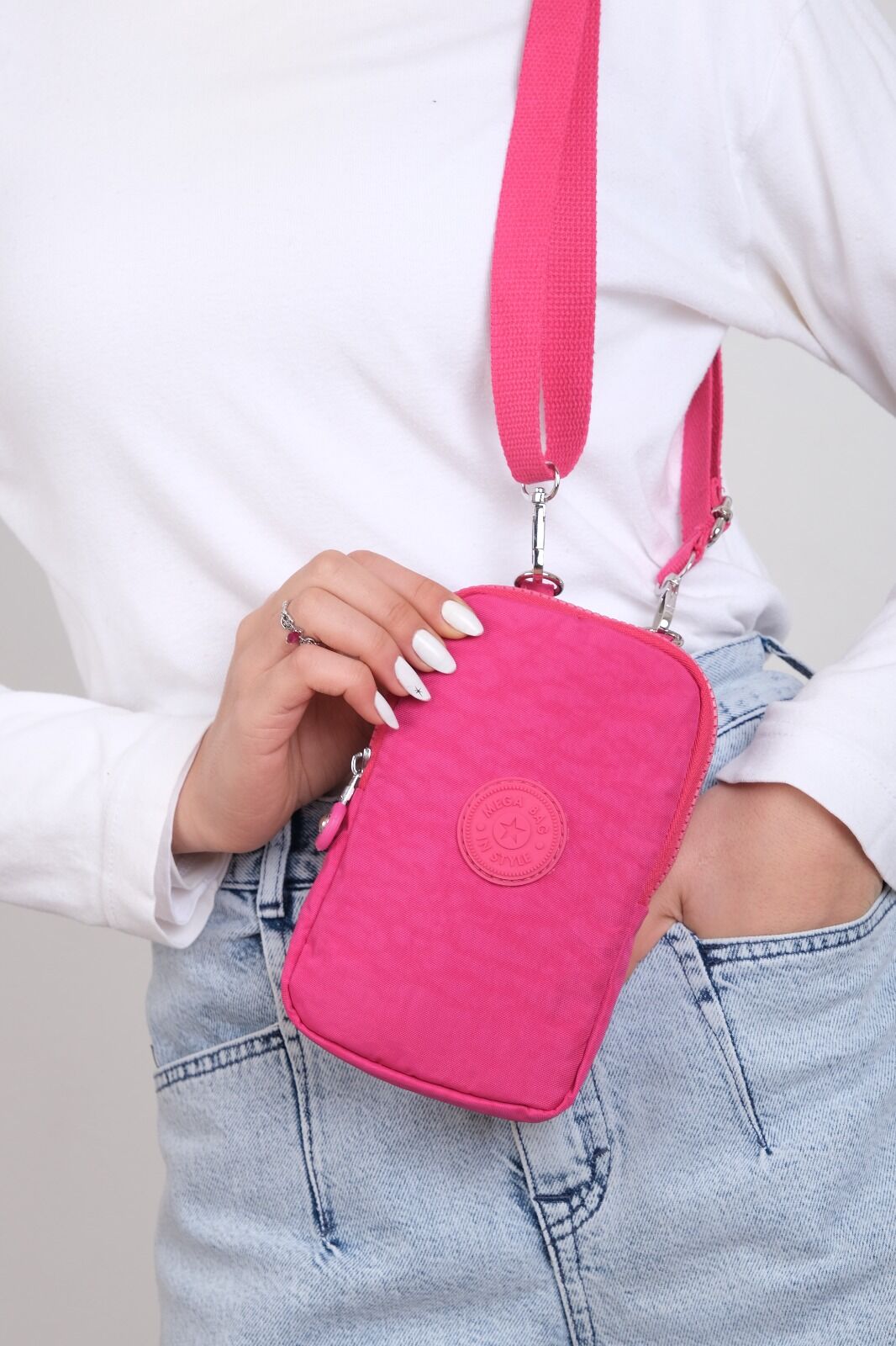 M 226 Mega Bag Krinkıl Kumaş Unisex Küçük Omuz Çantası, Telefonluk Pembe