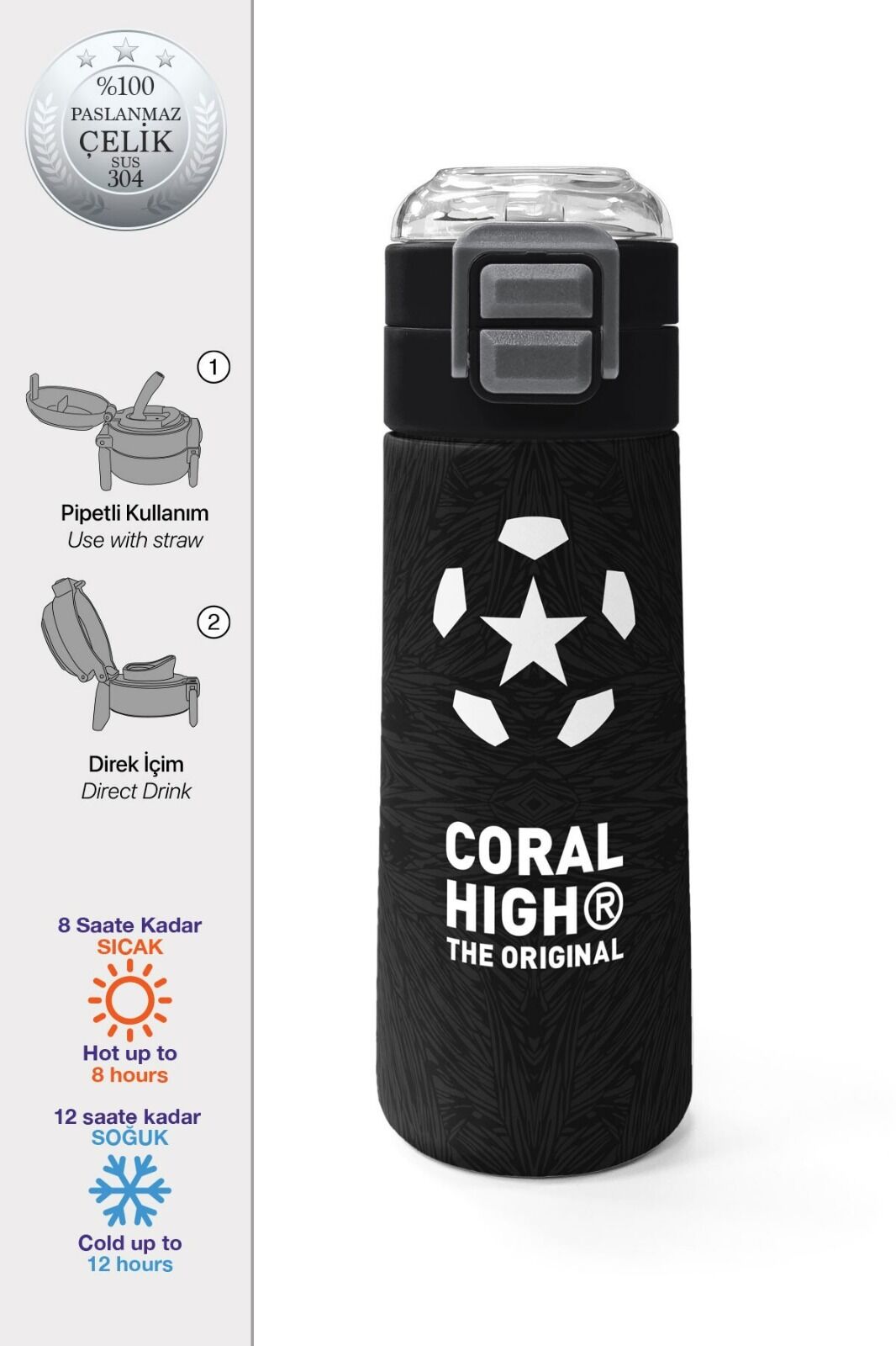 Coral Hıgh Çelik Matara Futbol - Siyah