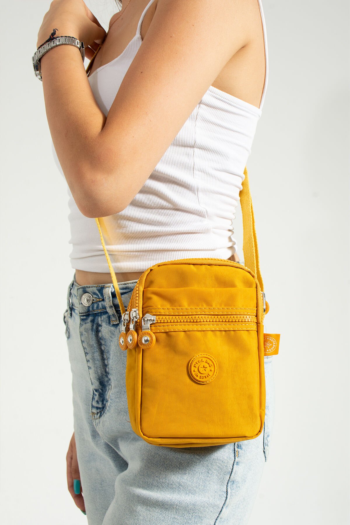M 227 Mega Bag Krinkıl Kumaş Unisex Küçük Omuz Çantası, Telefonluk Sarı