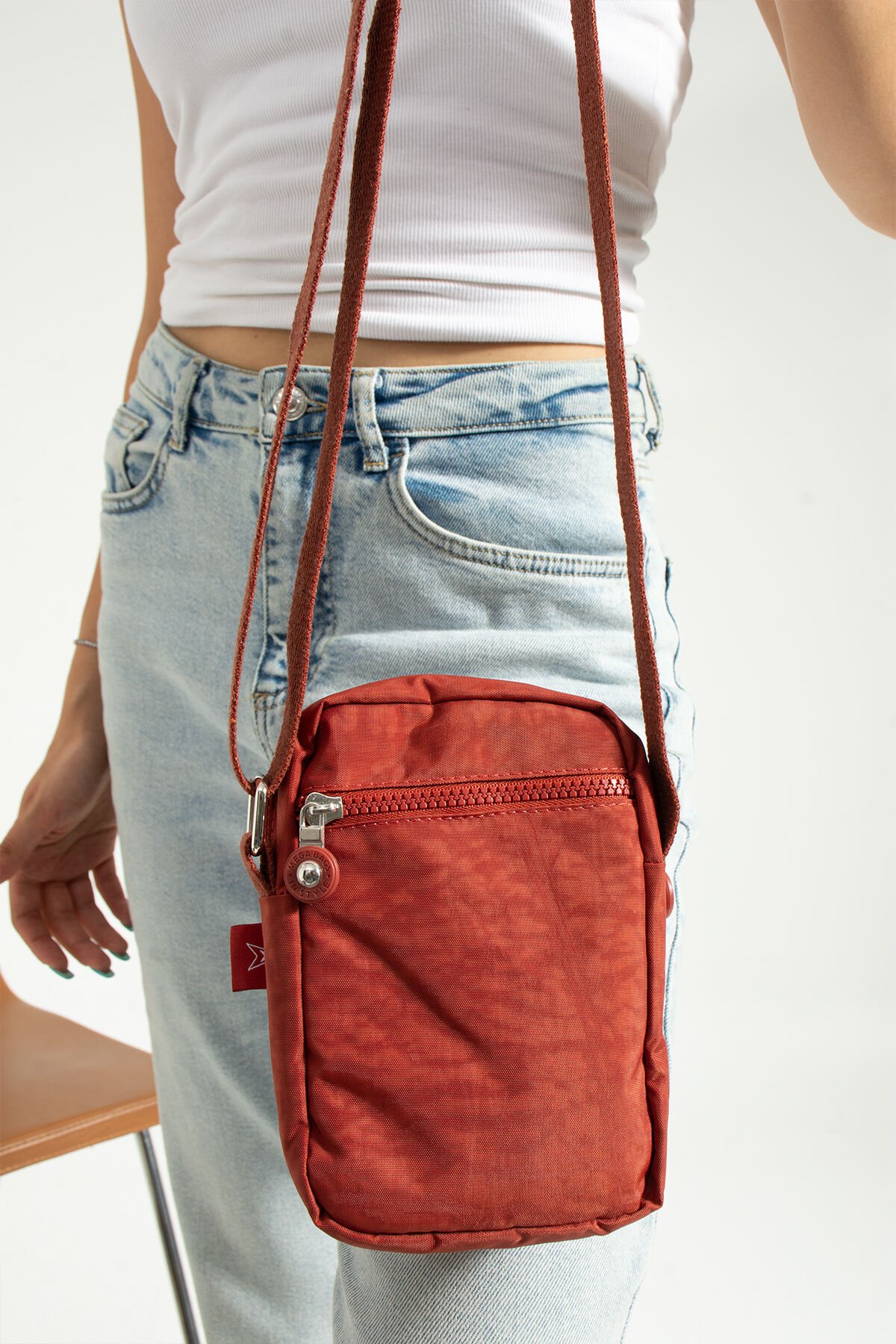 M 227 Mega Bag Krinkıl Kumaş Unisex Küçük Omuz Çantası, Telefonluk Kiremit