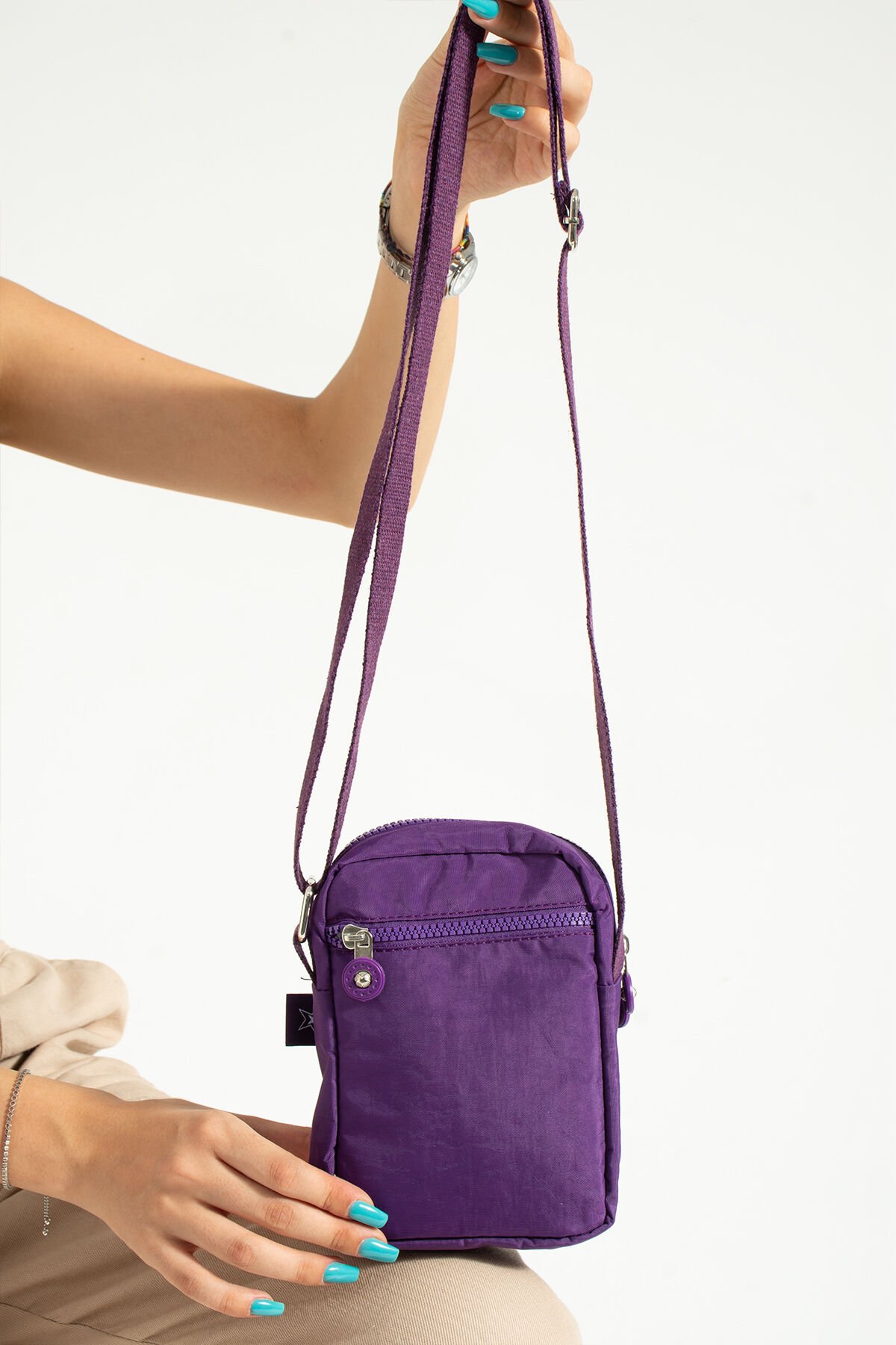 M 227 Mega Bag Krinkıl Kumaş Unisex Küçük Omuz Çantası, Telefonluk Mor